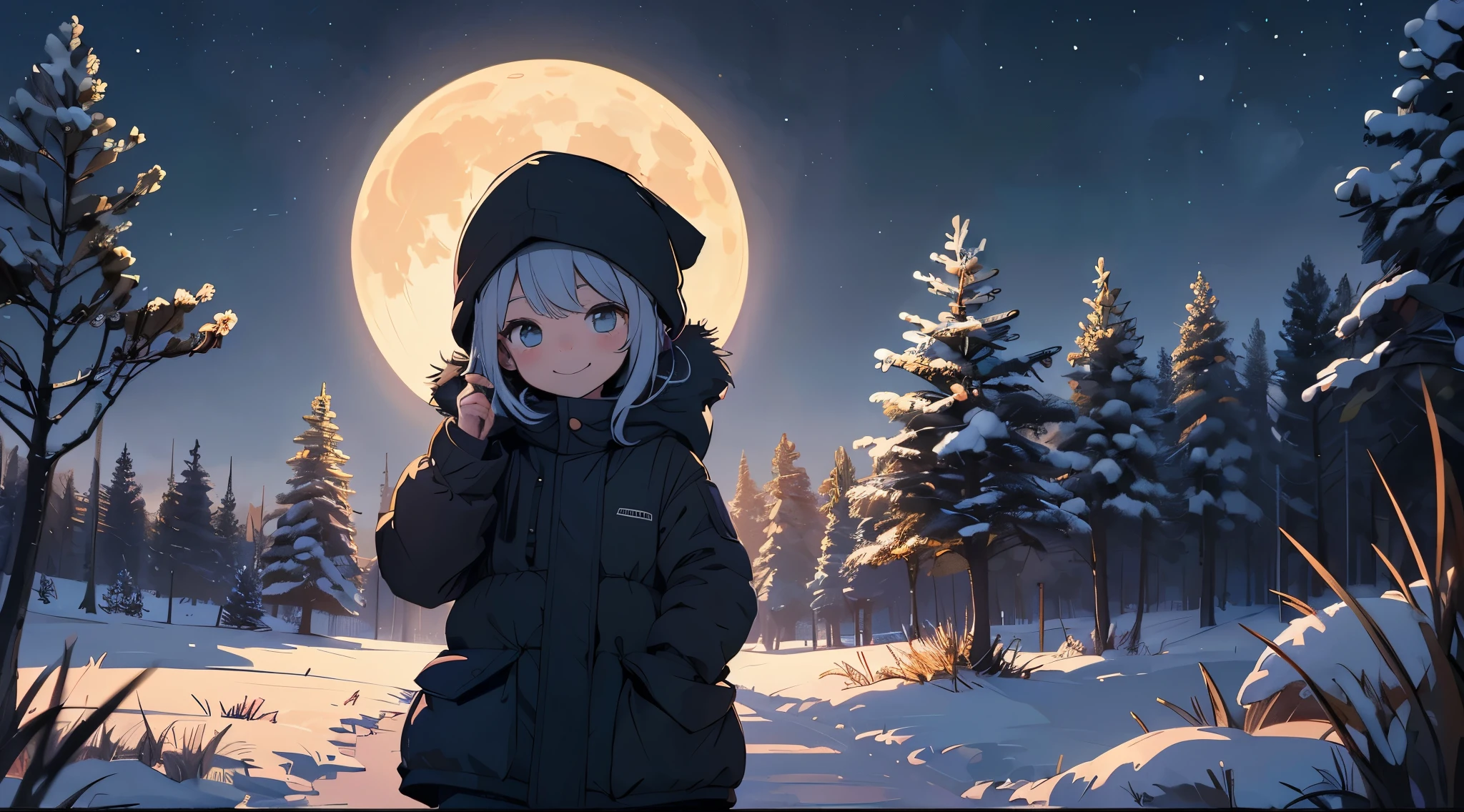 a small child in the field by woods at night picking up sticks and wearing winter clothe in winter cute young anime girliee high contrast but dark night time dusk twilight full moon in the style of a children story cool color and she is smiling working hard in cutiee ultimate cute cutieness 88k