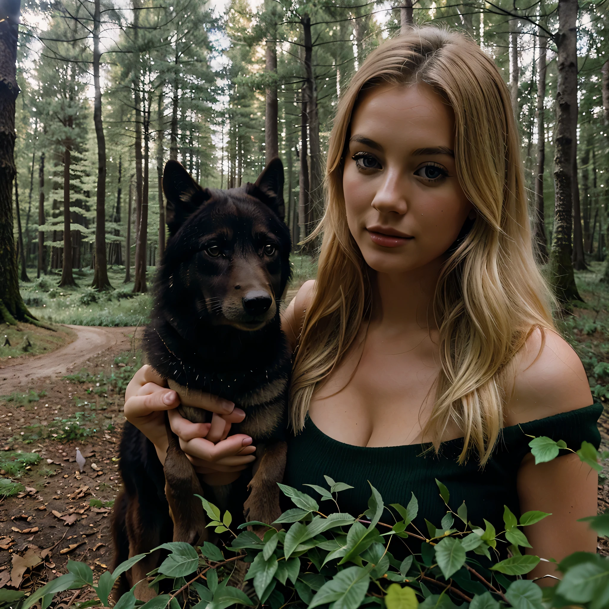 a blonde young european woman friendly and intimate with a black wolf, close up, ultra realistic,forest lots of tree green leafes, kodak 400,realistic,dark forest,photo