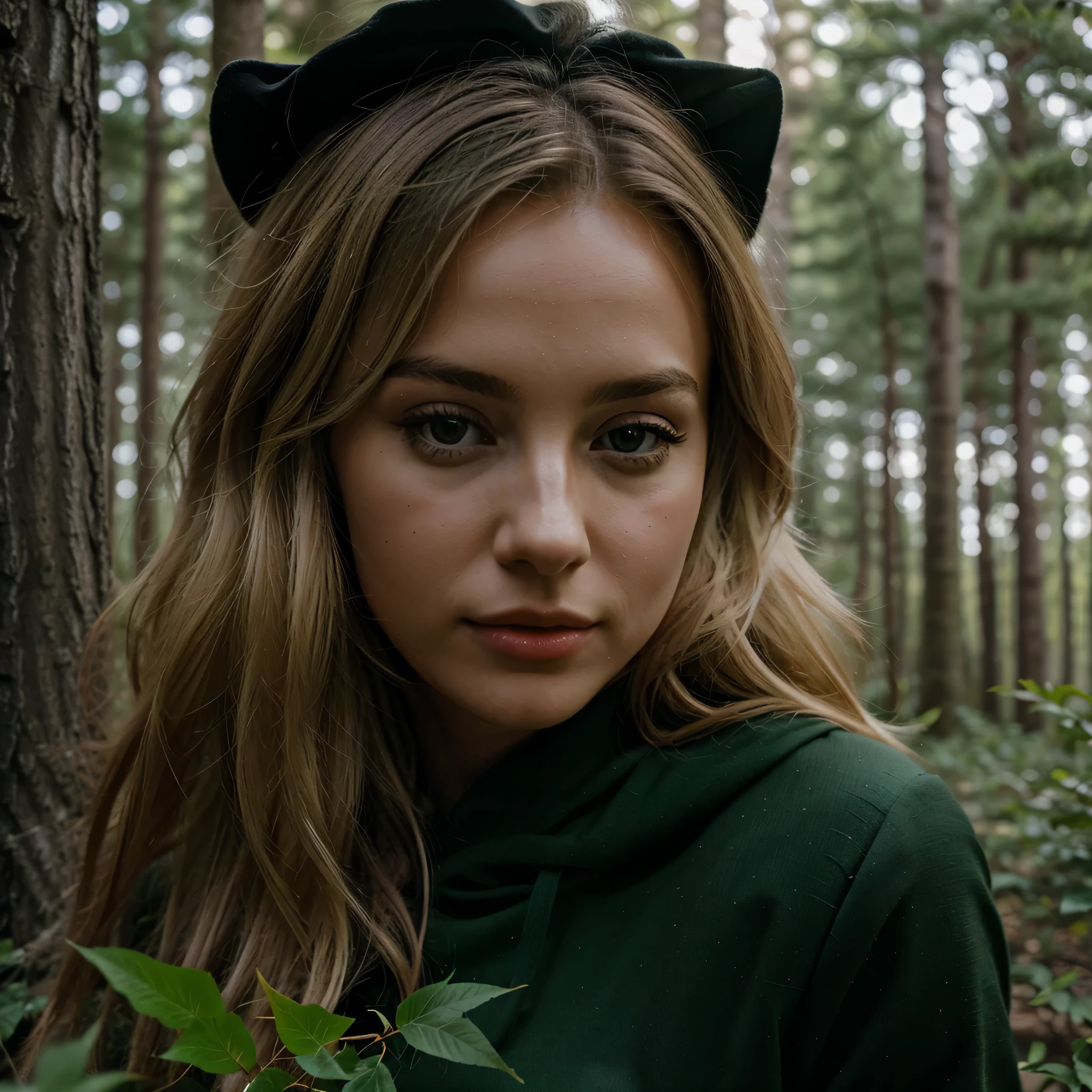 a blonde young european woman friendly and intimate with a black wolf, close up, ultra realistic,forest lots of tree green leafes, kodak 400,realistic,dark forest,photo