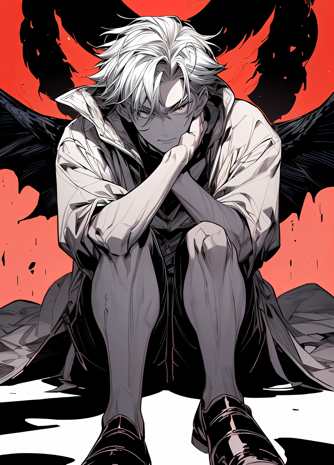 a close up of a person sitting on a floor with a hand on their chin, handsome guy in demon slayer art, kentaro miura manga art style, handsome japanese demon boy, shigenori soejima illustration, demon boy, the sandman from graphic novel, manga style of kentaro miura, 4 k manga wallpaper, akira color palette, with red glowing eyes