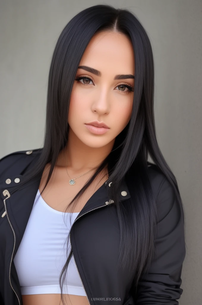 mulher arafed com longos cabelos pretos vestindo um top branco e jaqueta preta, female with long black hair, com cabelo preto liso, imagem de perfil, com cabelos pretos, foto de perfil headshot, Alanis Guillen, Violeta Myers, com longos cabelos pretos, cabelos pretos e olhos grandes, menina com cabelo preto, mulher nova com cabelo escuro longo, menina de cabelo preto vestindo capuz, peitos grandes, peitos para fora, barriga para fora, tight leggings