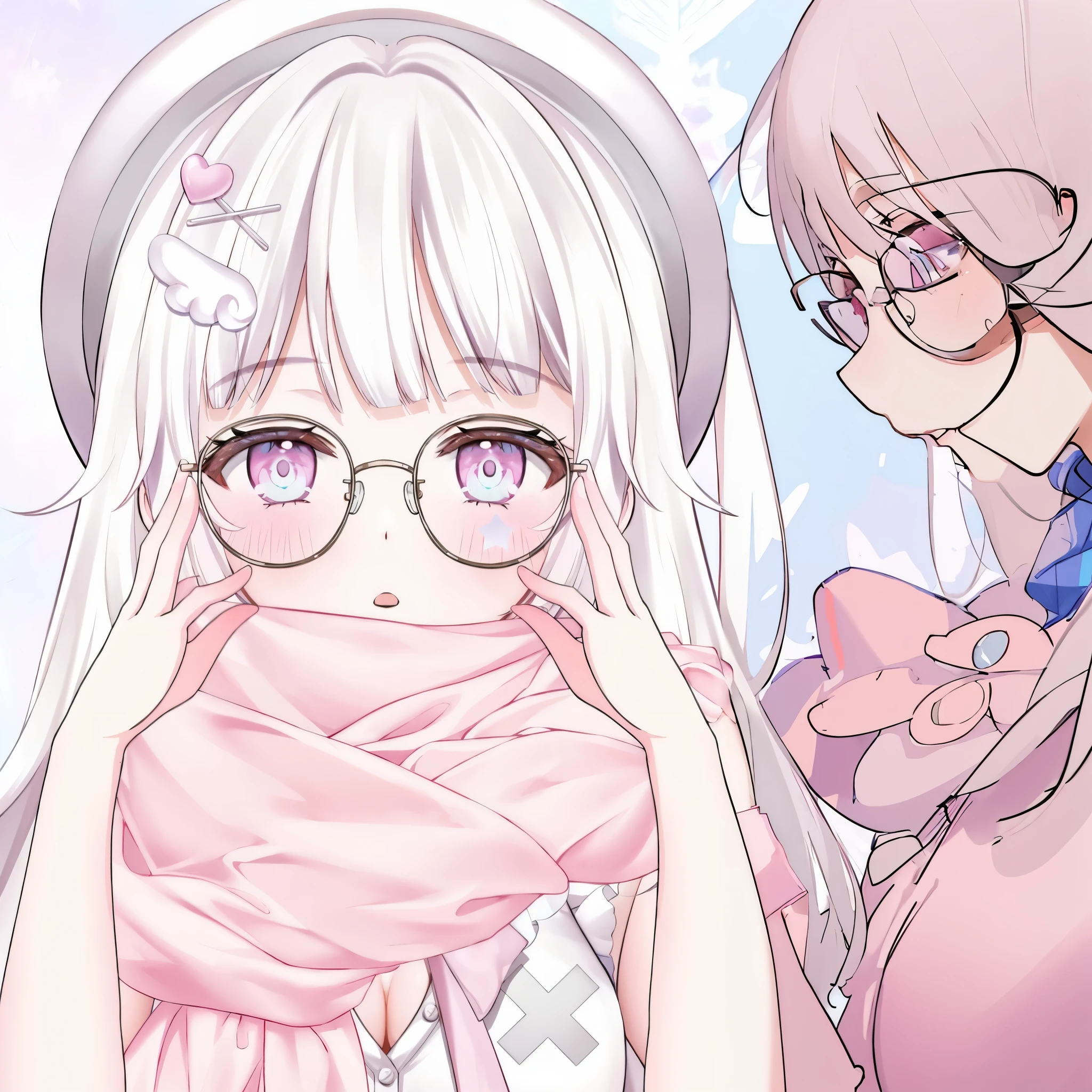 Anime girl covering her face with glasses and a pink scarf, soft anime illustration, kawaii realistic portrait, anime moe art style, Ahegao, Anime visuals of cute girls, anime style portrait, Ahegao face, digital anime illustration, In an anime style, In anime style, anime art style, clean detailed anime style, portrait of cute anime girlbabes, Flat anime style shading