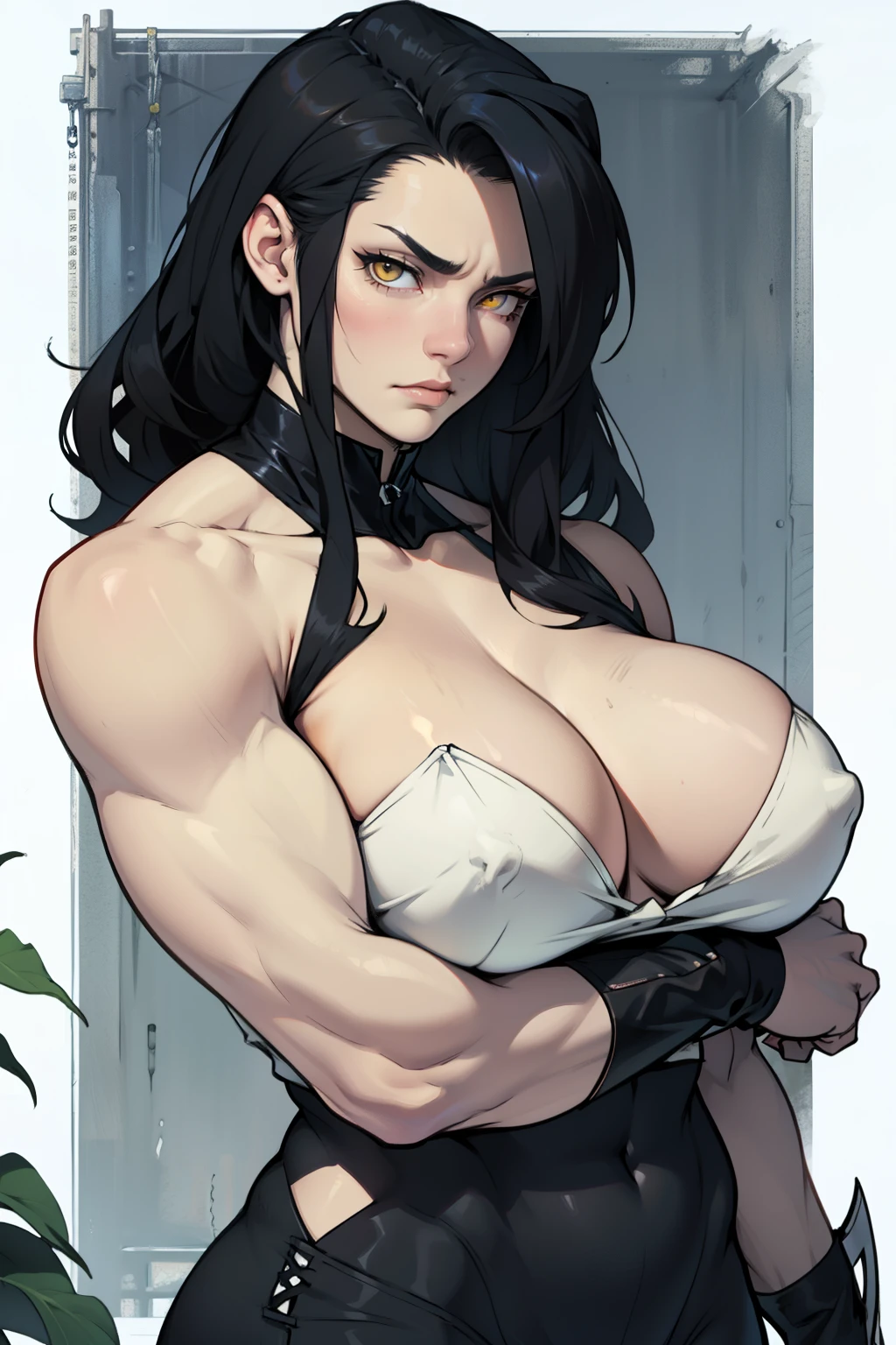 black hair yellow eyes pale skin massive breasts muscular girl sad