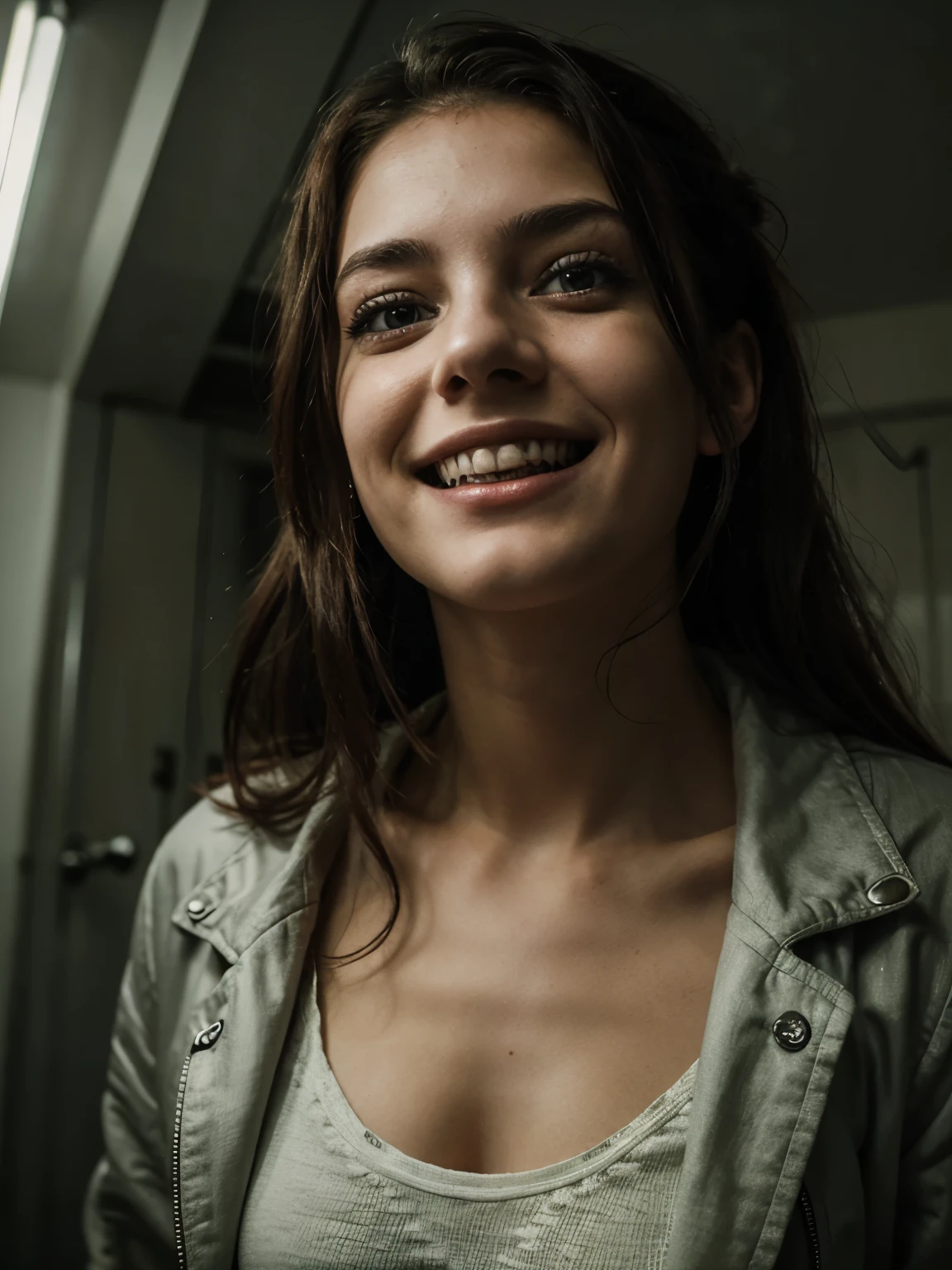 Wild 21 year old girl with a beautiful face and a insane look in her eyes, wicked smile, looking up, wearing a straight jacket, inside asylum, realistic, 4k,