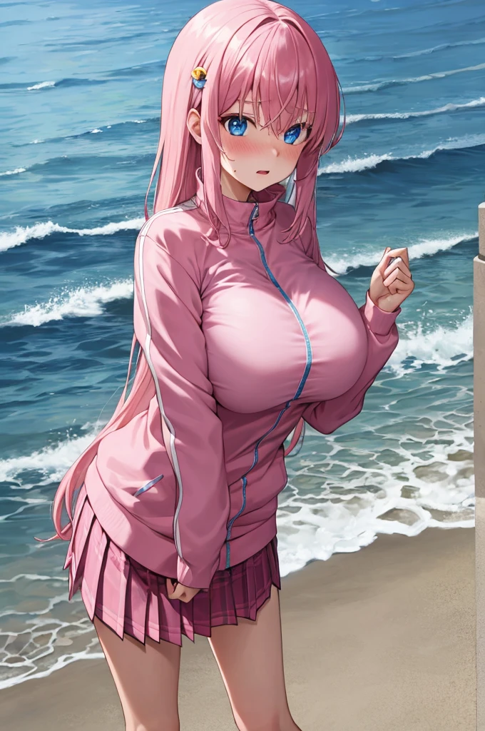 Sleep,Beach,ramdom posture,shadow,1girl,solo,looking ramdom,blush,embarrassed,ramdom emotion,pink hair,pink(track_jacket),zipper ,short pleated skirt,(gotoh hitori), long hair,straight hair,long bangs, cube hair ornaments,masterpiece,extremely detailed,insanely detailed,huge breasts,narrow_waist,blue eyes