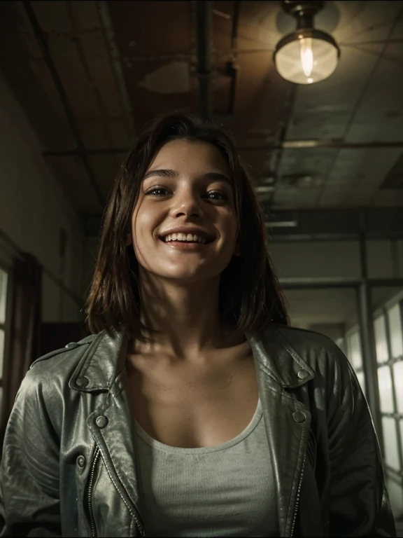 Wild 21 year old girl with a beautiful face and a insane look in her eyes, wicked smile, looking up, wearing a straight jacket, inside asylum, realistic, 4k,