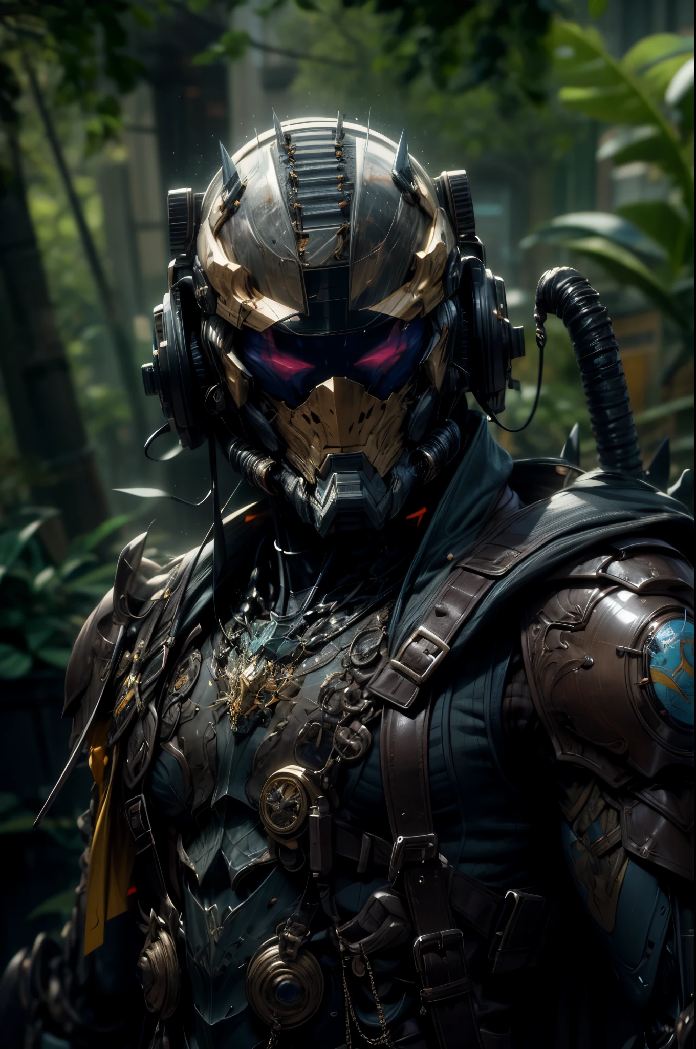(((An epic and visually stunning digital anime masterpiece featuring a sylphlike masculine ((male:1.5)) decorated military dieselpunk cyborg soldier clad in a sleek yet tactical armored yet decorated leather military trench coat:1.2))), (((flat masculine male chest:1.5, full head covered by a mechanical mecha knight helmet with a narrow visor:1.5))), (((the character adorned in a (scifi tactical armored open front trench coat with a built in exoskeleton) (over a form fitted armor plated yet super sleek and revealing under suit with waist cut outs), the armor plating on the upper arms and shoulders beautifully engraved))):1.4. The image showcases the intricacies of the character’s armor and clothing:1.5, ((capturing their flamboyant essence and heavy mecha aesthetic:1.2)). The character also possesses an androgynous charm, (((with slim yet heavily muscled physique:1.2, sylphlike with a sleek waist, toned yet beautifully sleek cybernetic arms:1.3, mechanical arms and legs:1.3, mecha muscles:1.3))), looking at viewer, (((brass metal armor and brown leather, dieselpunk:1.3))), (((depth of field, cinematic lighting, chromatic aberration, ray tracing, UHD, masterpiece, no hair, super detail, high details, high quality, award winning, 8k, highres)))