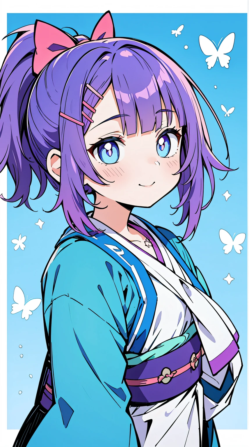 ((((Purple colored hair,Butch)))),((aqua Blue pupil,hair pin,blue bow on ponytail)),(((bluntbangs,high ponytails,short detailed hair,)))1个Giant Breast Girl,cow boy shot,Permanent, (Hanfu),(The sun is dazzling,god light,Ray traching),Perfect big watery eyes, character  design,((Blue pupil)),cute anime face, kawaii , stylized anime,Little idol, Anime cute art style, 详细的脸,8K,k hd,little shy smile,Blushing with joy,Neat face, (tmasterpiece,Best quality at best)