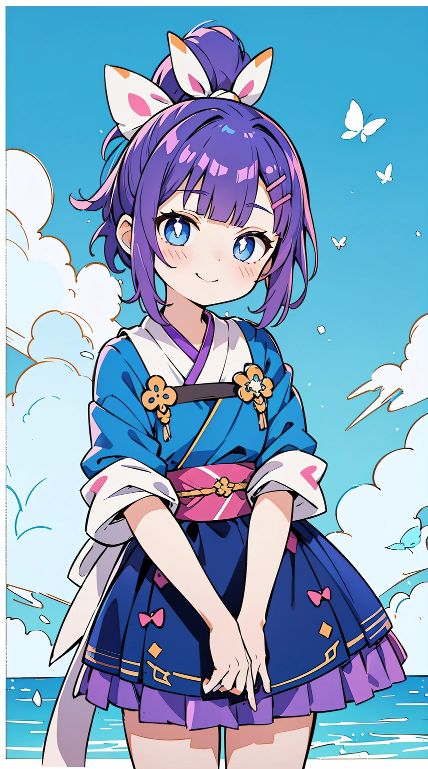 ((((Purple colored hair,Butch)))),((aqua Blue pupil,hair pin,blue bow on ponytail)),(((bluntbangs,high ponytails,short detailed hair,)))1个Giant Breast Girl,cow boy shot,Permanent, (Hanfu),(The sun is dazzling,god light,Ray traching),Perfect big watery eyes, character  design,((Blue pupil)),cute anime face, kawaii , stylized anime,Little idol, Anime cute art style, 详细的脸,8K,k hd,little shy smile,Blushing with joy,Neat face, (tmasterpiece,Best quality at best)