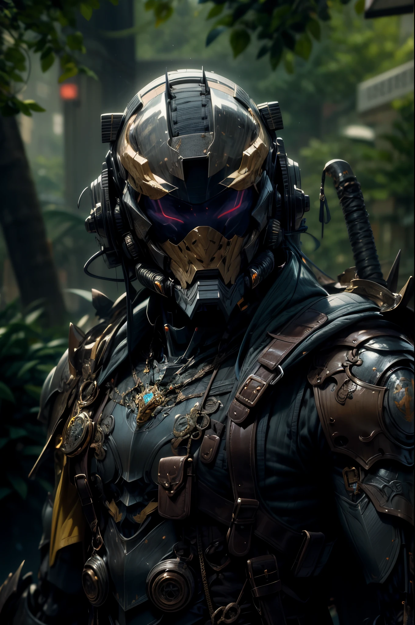 (((An epic and visually stunning digital anime masterpiece featuring a sylphlike masculine ((male:1.5)) decorated military dieselpunk cyborg soldier clad in a sleek yet tactical armored yet decorated leather military trench coat:1.2))), (((flat masculine male chest:1.5, full head covered by a mechanical mecha knight helmet with a narrow visor:1.5))), (((the character adorned in a (scifi tactical armored open front trench coat with a built in exoskeleton) (over a form fitted armor plated yet super sleek and revealing under suit with waist cut outs), the armor plating on the upper arms and shoulders beautifully engraved))):1.4. The image showcases the intricacies of the character’s armor and clothing:1.5, ((capturing their flamboyant essence and heavy mecha aesthetic:1.2)). The character also possesses an androgynous charm, (((with slim yet heavily muscled physique:1.2, sylphlike with a sleek waist, toned yet beautifully sleek cybernetic arms:1.3, mechanical arms and legs:1.3, mecha muscles:1.3))), looking at viewer, (((brass metal armor and brown leather, dieselpunk:1.3))), (((depth of field, cinematic lighting, chromatic aberration, ray tracing, UHD, masterpiece, no hair, super detail, high details, high quality, award winning, 8k, highres)))