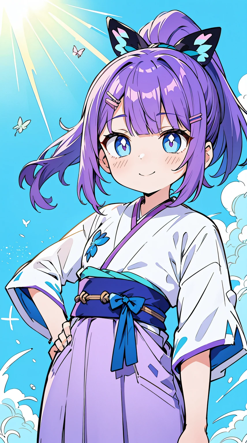 ((((Purple colored hair,Butch)))),((aqua Blue pupil,hair pin,blue bow on ponytail)),(((bluntbangs,high ponytails,short detailed hair,)))1个Giant Breast Girl,cow boy shot,Permanent, (Hanfu),(The sun is dazzling,god light,Ray traching),Perfect big watery eyes, character  design,((Blue pupil)),cute anime face, kawaii , stylized anime,Little idol, Anime cute art style, 详细的脸,8K,k hd,little shy smile,Blushing with joy,Neat face, (tmasterpiece,Best quality at best)