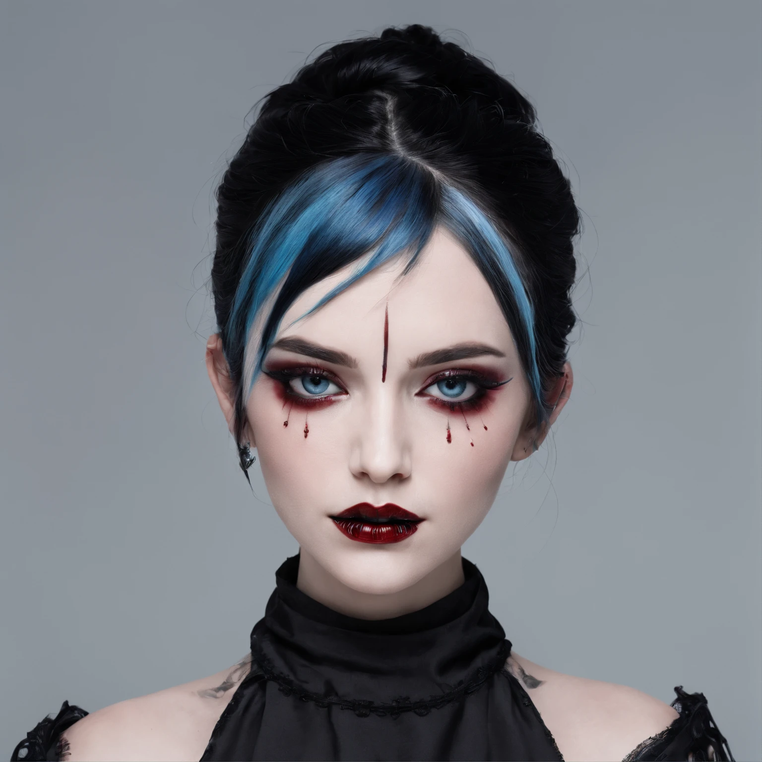 1girl, goth subculture, pale, black eyeliner, black lipstick, black hair with red and blue strands, pierced nose, upper body shot