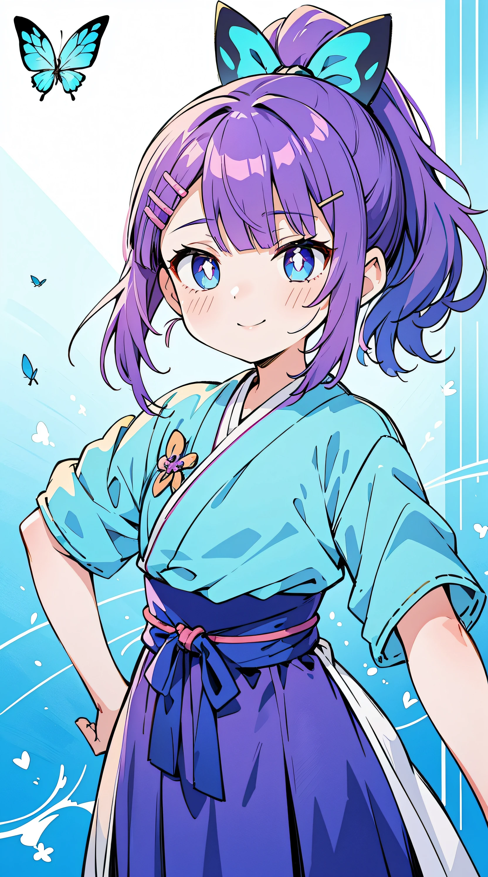 ((((Purple colored hair,Butch)))),((aqua Blue pupil,hair pin,blue bow on ponytail)),(((bluntbangs,high ponytails,short detailed hair,)))1个Giant Breast Girl,cow boy shot,Permanent, (Hanfu),(The sun is dazzling,god light,Ray traching),Perfect big watery eyes, character  design,((Blue pupil)),cute anime face, kawaii , stylized anime,Little idol, Anime cute art style, 详细的脸,8K,k hd,little shy smile,Blushing with joy,Neat face, (tmasterpiece,Best quality at best)