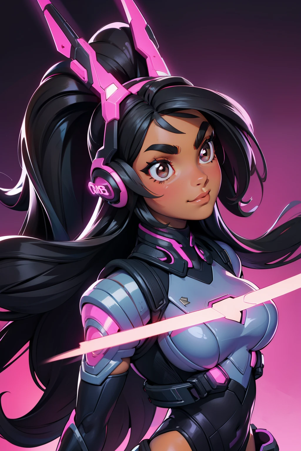 Create a half body shot black girl (((Brooke Shields))) with long black hair and brown eyes, smilling, thick eyebrows, hacker, dark skin, wide hips, thick thighs, night time, good quality, perfect anatomy, 8k, masterpiece, by (Holaxes), long hair, gadgets, neon, headphones, cyberpunk, neon purple, neon yellow, cyberwave, best Character Design, 2077, (pixar)