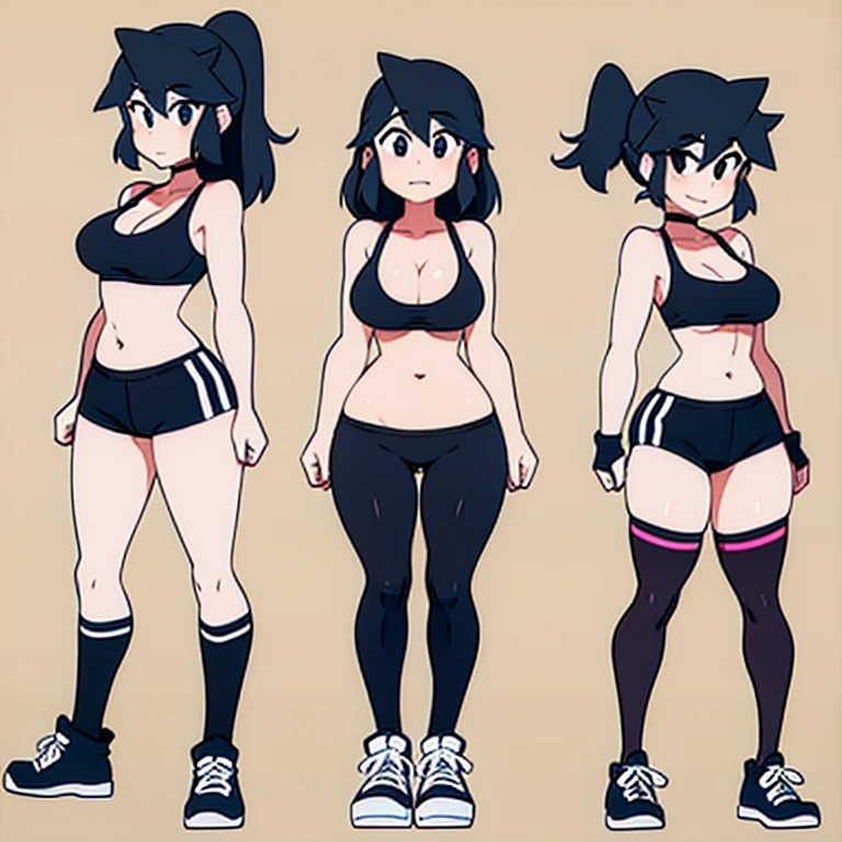 Sexy woman, athletic shorts, spandex shorts, sports bra, crop top, knee high socks, sneakers, standing, full body