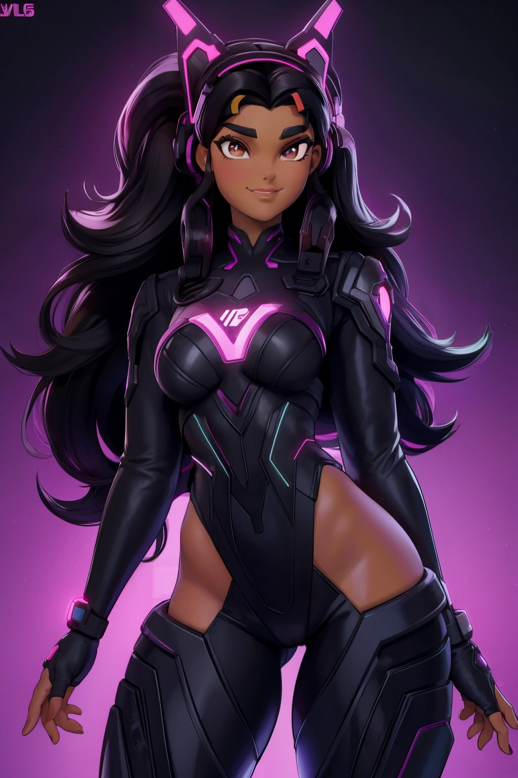 Create a half body shot black girl (((Brooke Shields))) with long black hair and brown eyes, smilling, thick eyebrows, hacker, dark skin, wide hips, thick thighs, night time, good quality, perfect anatomy, 8k, masterpiece, by (Holaxes), long hair, gadgets, neon, headphones, cyberpunk, neon purple, neon yellow, cyberwave, best Character Design, 2077, (pixar)
