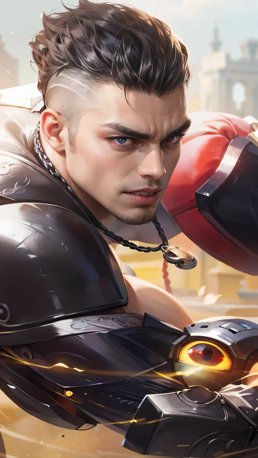 Best quality, masterpiece, detailed skin texture, detailed clothes texture, detailed face, super detail, 8k, intricate detail, 1 boy, The color doesn't change, Muscle guy, 1 guy, strong red eye glow (red eye:1.2), lots hair,scary, evil.