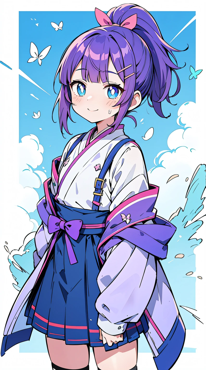 ((((Purple colored hair,Butch)))),((aqua Blue pupil,hair pin,blue bow on ponytail)),(((bluntbangs,high ponytails,short detailed hair,)))1个Giant Breast Girl,cow boy shot,Permanent, (Hanfu),(The sun is dazzling,god light,Ray traching),Perfect big watery eyes, character  design,((Blue pupil)),cute anime face, kawaii , stylized anime,Little idol, Anime cute art style, 详细的脸,8K,k hd,little shy smile,Blushing with joy,Neat face, (tmasterpiece,Best quality at best)