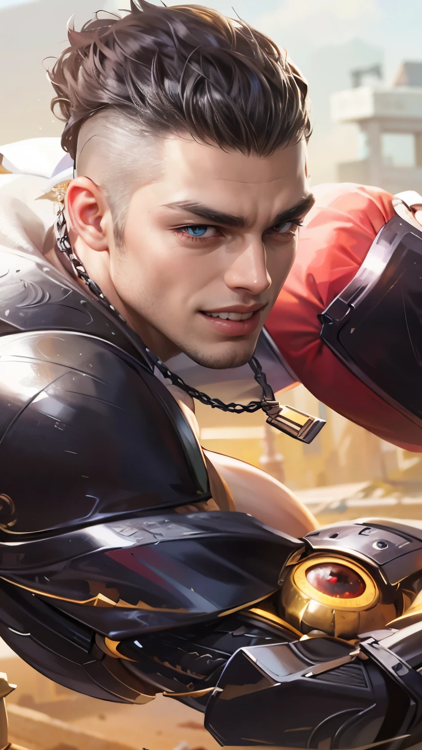 Best quality, masterpiece, detailed skin texture, detailed clothes texture, detailed face, super detail, 8k, intricate detail, 1 boy, The color doesn't change, Muscle guy, 1 guy, strong red eye glow (red eye:1.2), lots hair, scary smile, evil