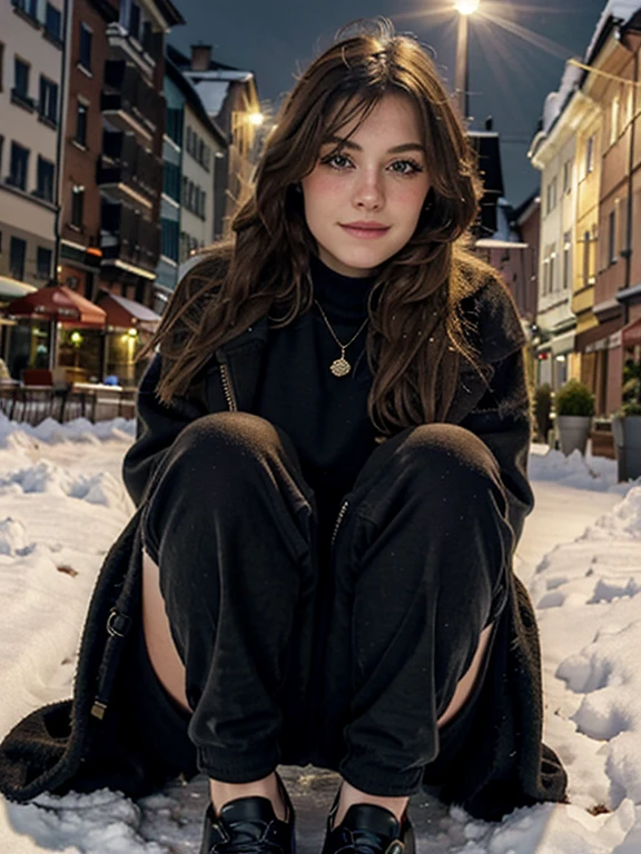 (ULTRA BEST QUALITY, in 8K, Meisterwerk, Wasserzeichen-Illustration), wildes Weibchen in der Stadt, Sonnenlicht, muscular body type, mit flauschigen Haaren, Blond, braune Augen, careless hairstyle, Broad smile, Sie Steht im Schnee, es Schneit, Sie steht vor der Kamera, She wears a oliv green sweater, she wears a small one goldene Kette, She is wearing a winter coat in black, She wears brown leather gloves, She is wearing long pants in black, She is wearing black shoes.