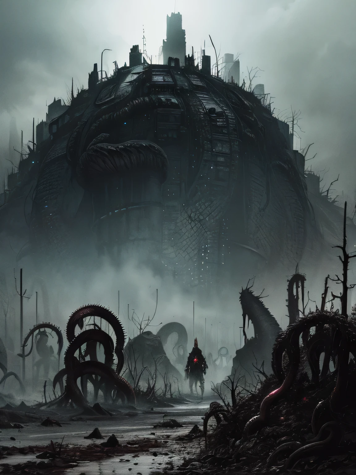 ((Dark biopunk horror landscape with tentacles)), (Hopeless chthonic horror landscape with tentacles), empty city of tentacles, a lot of ash, Cold lighting, abandoned biopunk, Horror atmosphere, highly detailed biopunk art, gadgets from Hans Giger, Wasteland background by Zdzislaw Beksinski