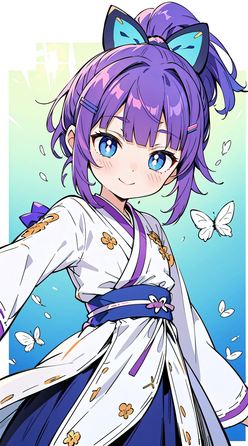 ((((Purple colored hair,Butch)))),((aqua Blue pupil,hair pin,blue bow on ponytail)),(((bluntbangs,high ponytails,short detailed hair,)))1个Giant Breast Girl,cow boy shot,Permanent, (Hanfu),(The sun is dazzling,god light,Ray traching),Perfect big watery eyes, character  design,((Blue pupil)),cute anime face, kawaii , stylized anime,Little idol, Anime cute art style, 详细的脸,8K,k hd,little shy smile,Blushing with joy,Neat face, (tmasterpiece,Best quality at best)