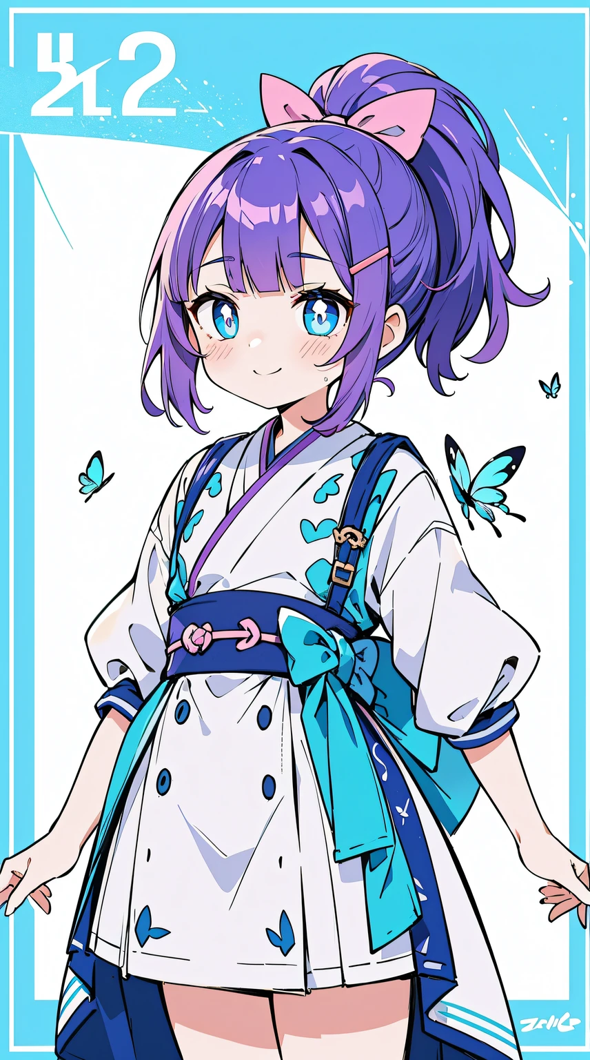 ((((Purple colored hair,Butch)))),((aqua Blue pupil,hair pin,blue bow on ponytail)),(((bluntbangs,high ponytails,short detailed hair,)))1个Giant Breast Girl,cow boy shot,Permanent, (Hanfu),(The sun is dazzling,god light,Ray traching),Perfect big watery eyes, character  design,((Blue pupil)),cute anime face, kawaii , stylized anime,Little idol, Anime cute art style, 详细的脸,8K,k hd,little shy smile,Blushing with joy,Neat face, (tmasterpiece,Best quality at best)