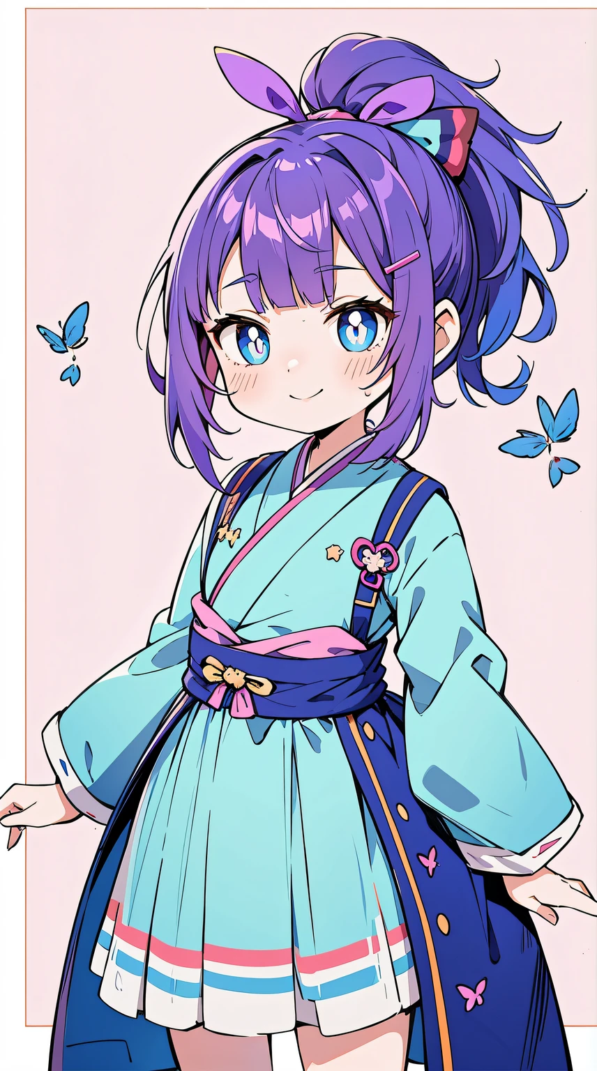 ((((Purple colored hair,Butch)))),((aqua Blue pupil,hair pin,blue bow on ponytail)),(((bluntbangs,high ponytails,short detailed hair,)))1个Giant Breast Girl,cow boy shot,Permanent, (Hanfu),(The sun is dazzling,god light,Ray traching),Perfect big watery eyes, character  design,((Blue pupil)),cute anime face, kawaii , stylized anime,Little idol, Anime cute art style, 详细的脸,8K,k hd,little shy smile,Blushing with joy,Neat face, (tmasterpiece,Best quality at best)