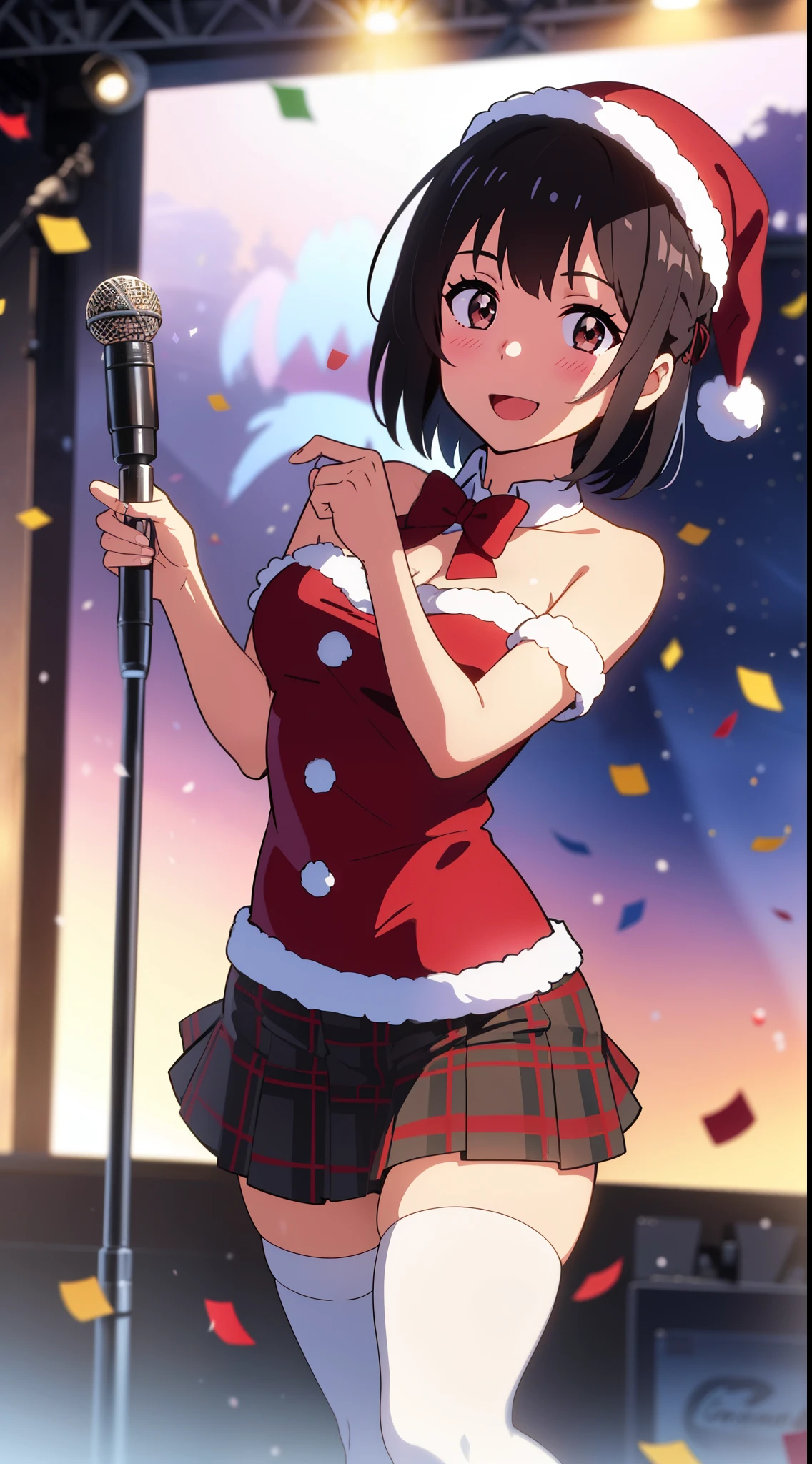 shinkai makoto, kimi no na wa., 1girl, bangs, black hair, blush, bright eyes, brown eyes, looking at the viewer, red bow, red headband, red ribbon, short hair, indoors, shiny skin, smile, cute, solo, open mouth, :D, medium breasts, happy, beautiful, singing, concert, stage, outdoors, dynamic pose, bare shoulders, white thighhighs, light_particles, lenlare, reaching_out, parfect anatomy, perfect hands, Christmas tree, Santa Claus costume, Sweet face, red christmas dresses, skirt, plaid skirt, sunset, evening, cloud, confetti, looking at viewer, holding microphone, standing, winter scenery, snow, steam