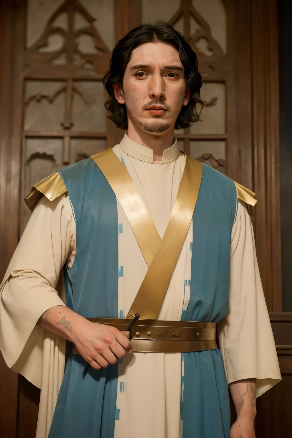 1136, Winchester, England. otherworldly scene in a medieval castle, ((((31-year-old)) Adam Driver)), bishop, ((furious expression, wrath)), ((((tunic from the 12th century)))), ((Hairstyle of the 12th century)), ((Wes Anderson cinematic style)), colorful