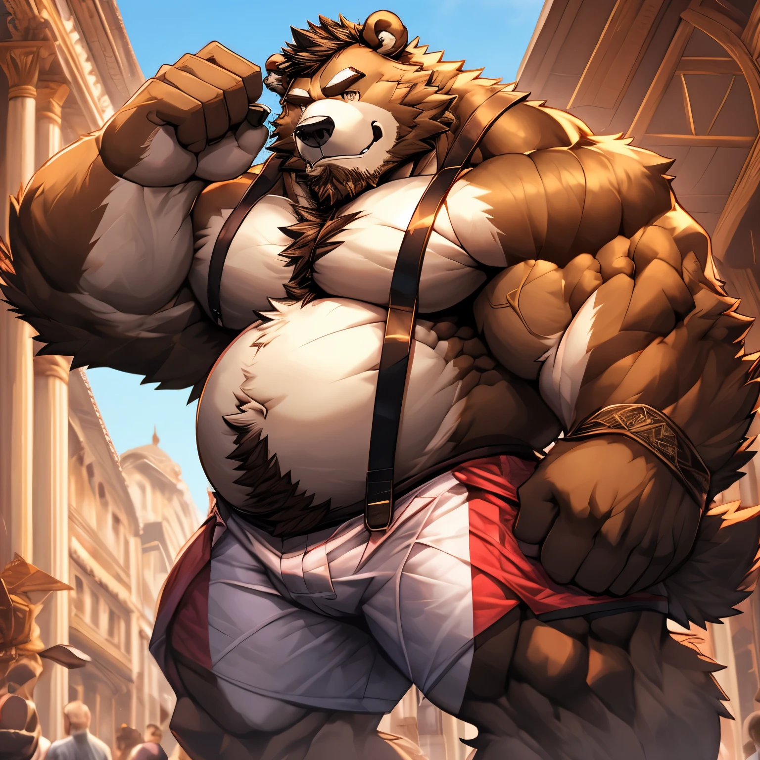 A man\shaggy\brown bear/One guy, brown bear的脸\male people\Bearded\((Fluffy white beard))\Black colored eyes, Coffee-colored hair\extra very short hair,
1名成熟male people, 肌肉发达的male people身体屏幕)), 独奏, hairy, Thigh thick, Hairy thighs, Thick arms, Hair on the arm, large pecs, There are hairs on the pectoral muscles, Pink , beer belly, There is hair on the stomach, Single screen, Full screen, human - shaped\Brumbeman\Brown fur,brown bear的脸\male people\Bearded\Black colored eyes, Coffee-colored hair\extra very short hair,((muscle men)), Coffee-colored hair\extra very short hair,
Feet exposed\Theropods\immensity, hands exposed\Bear paws\immensity, Upper body exposed\beer belly\fluffy,
Half top Pleasant suspender smile,
Intricate fur details,Iris detailing, Pupil details, eyes reflection, ultra-wide-angle, in a panoramic view, ray traycing, , hyper realisitc, high detal, 16k, super detailing, Textured fur, Anatomical correct, tmasterpiece, hyper HD, retinas, reference sheet ,tmasterpiece, highest quality, 最high detal, high-definition picture quality, Color correction, fluorescence, Stylish gray, nsfw