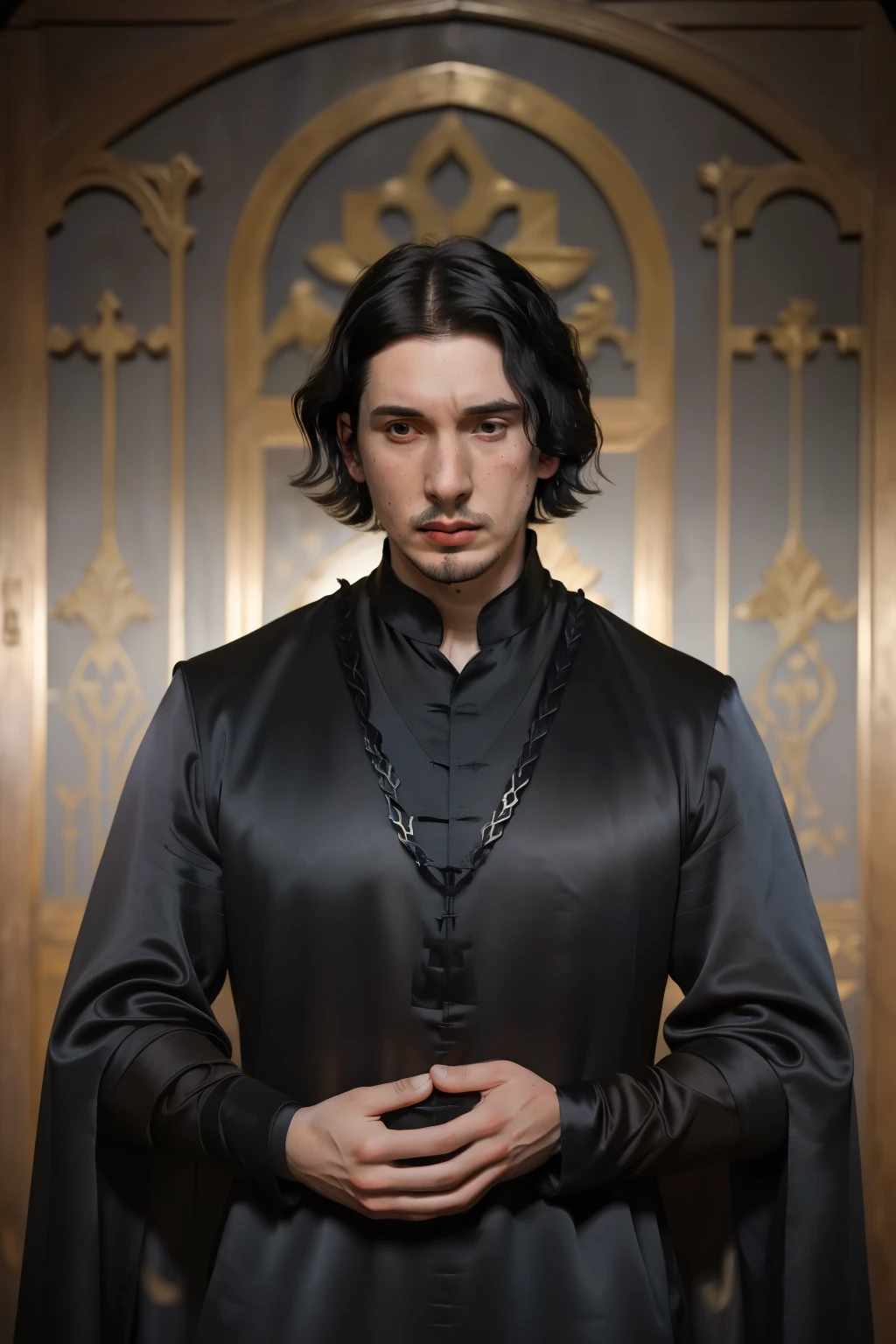 1136, Winchester, England. otherworldly scene in a medieval castle, ((((31-year-old)) Adam Driver)), bishop, ((furious expression, wrath)), ((((black satin tunic from the 12th century)))), ((Hairstyle of the 12th century)), ((Wes Anderson cinematic style)), colorful