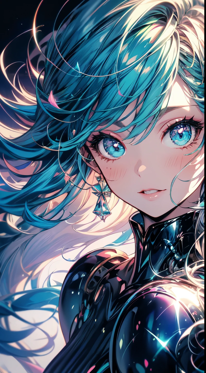 anime model in blue and pink, with turquoise hair, wearing a metallic top and sparkly skirt, in the style of timeless beauty, atmospheric skies, pop art influencer, backlit photography, light emerald and crimson, close-up, photo-realistic hyperbole --ar 85:128 --s 50