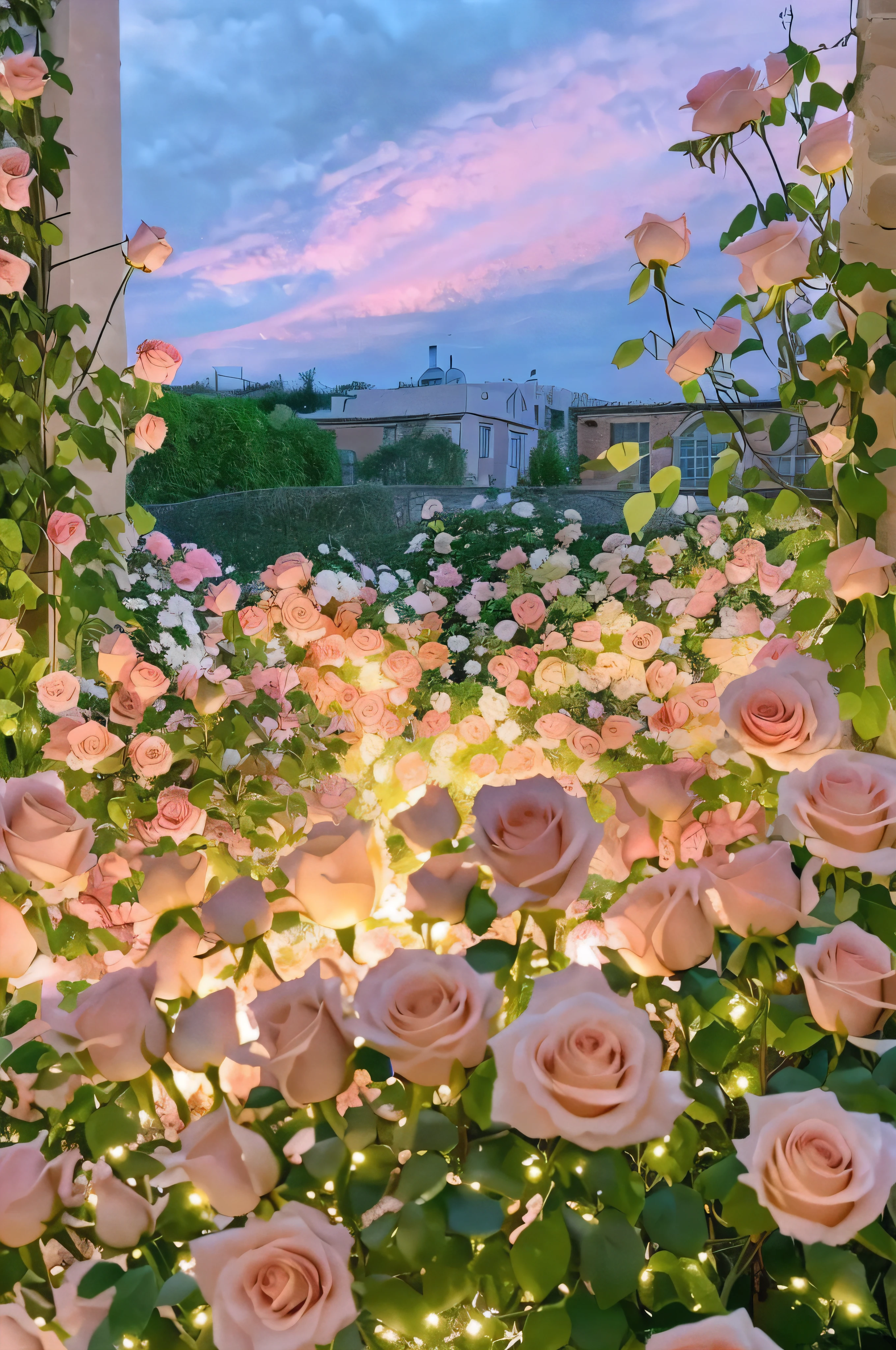 There are a lot of pink roses in the garden with lights, Beautiful and aesthetic, dreamy aesthetic, portal made of roses, lights with bloom, an aesthetic field of flowers, very magical and dreamy, rose pink lighting, roses in cinematic light, night sky full of flowers, beautiful ambiance, beautiful aesthetic lighting, Glowing flowers, glowing aesthetic, Dreamy atmosphere, floral sunset