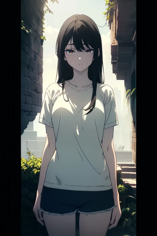 ((((Obra maestra, La mejor calidad, ultrahigh resolution)))), 1girl, standing, (baggy white t-shirt, loose fitting blue shorts), ((long black hair, black hair over eye)), long hair cut, pale skin, ((brown eyes)), glowing_eyes, neon eyes, (ultra detailed eyes:0.7, beautiful and detailed face, detailed eyes:0.9), ((centered)), smile, ((wide shot)), facing viewer, ((vibrant background, bright lighting, summer, sunlight)), flat chested, looking at viewer, ((half closed eyes)), ((perfect hands)), (((head:1, arms, hips in view, elbows, arms, in view))), ((hands behind back)), empty eyes, beautiful lighting, ((outside, outdoors)), defined subject, head tilt, ((cool)), ((beautiful))