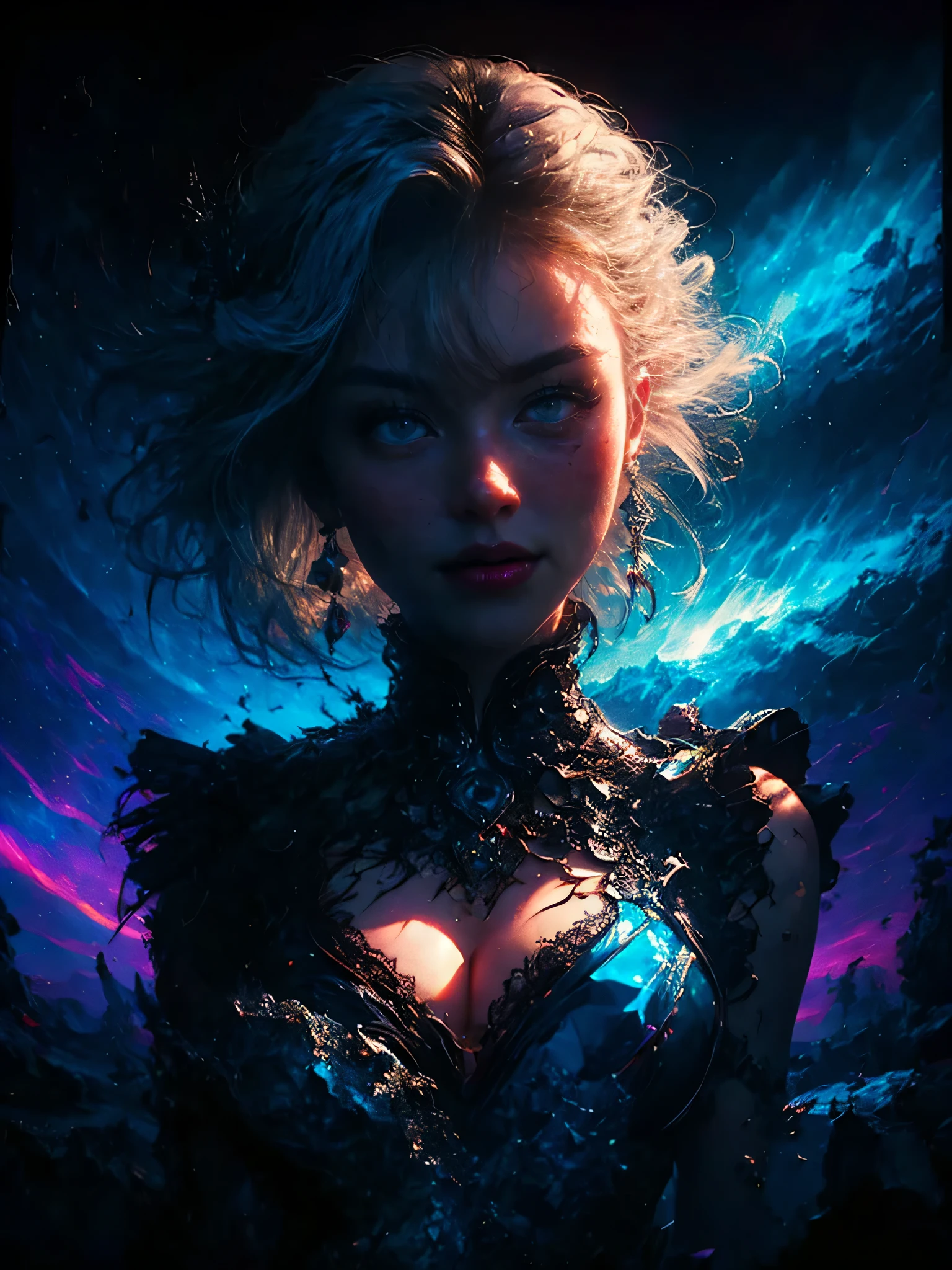 extreme dark forest in background, colorful. sinister, Aurora, mythical and magical, erotic pose, pore white hair, small tits, big eyes, body covered with tattoo, red lips, erotic, dark light, black dress ,glowing saphire eyes photoreali photoreral and stunning, photorealism extreme, photorealism perfection 88k, a beauty looking at you and piercing your heart with her beauty, deep photoreal, her beautiful face smiling as hair blows as she wana suk u deep full throatal firey virile and sexy horny babae 88k!