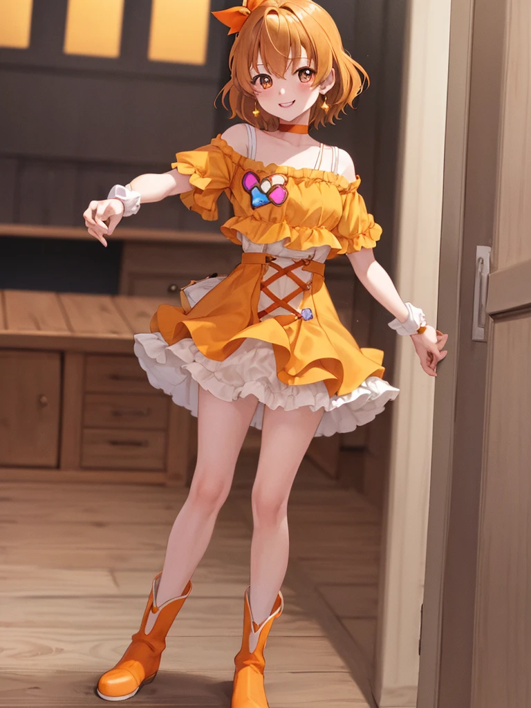 masterpiece, best quality,Changing room,peek at changing clothes,((show off nipple)),pretty cotton panty,cowboy shot,clothed,((1girl)),, cure pine, petite,pale skin,young,cute smile,precure, one side up, short hair, hair ribbon, frills, short sleeves, wrist cuffs, orange choker, orange boots, yellow_skirt,