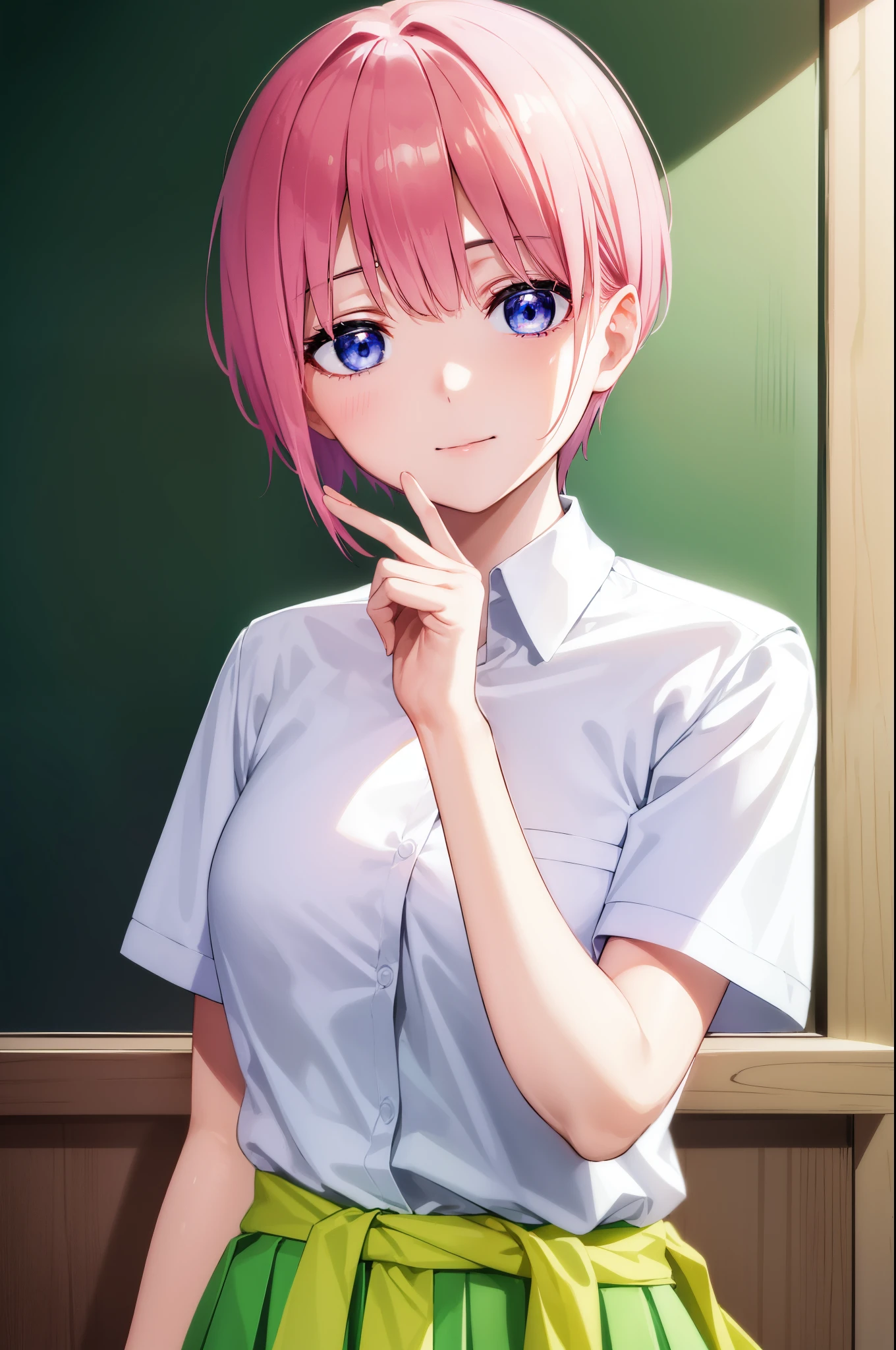 ichikanakano, ichika nakano, Short hair, Bangs, Blue eyes, hair between eye, Pink hair, Shirt Formal, School uniform, Short sleeves, sox, (whiteshirt:1.3), Green pleated skirt, Black jacket, lowfers, Wrap the yellow sweater around your waist, Best Quality, hight resolution, Unity 8k壁纸, (Beautiful detailed eyes:1.4), extra detailed face, Perfect Lighting, (Perfect hands, Perfect Anatomy), extreme close - up, School classroom background, The best smile, Slouched