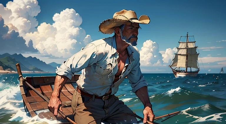 (masterpiece, best quality:1.2), cinematic shot, solo, 1man, Santiago from old man and the sea, expressionless, closed mouth, fisherman, old, torn clothes , cowboy hat, sailing with a skiff which is 16 feet long,