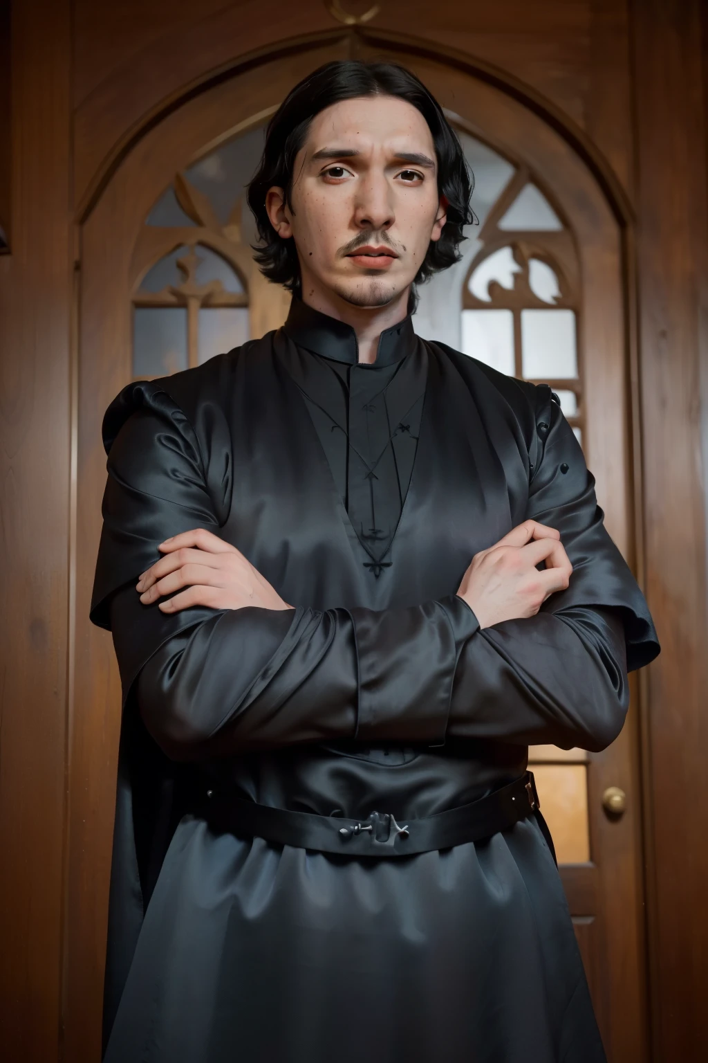 1136, Winchester, England. otherworldly scene in a medieval castle, ((((31-year-old)) Adam Driver)), bishop, ((furious expression, wrath)), ((((black satin tunic from the 12th century)))), ((Hairstyle of the 12th century)), ((Wes Anderson cinematic style)), colorful