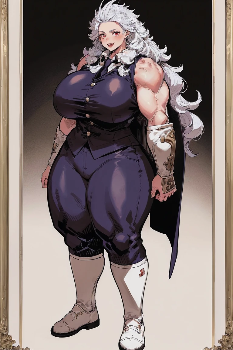 noi, nun, big breast,white boots, pants,cloak, musclegirl, standing,, smile, long hair, catedral, vest, portrait, full body, thick thighs, thick arms, wide hips,pants, large breast, huge breast,