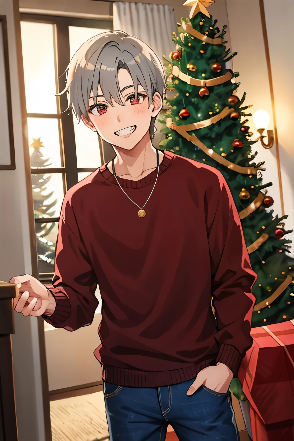 one boy,, tall boy, short hair, grey hair, red eyes,(happy smile,clenched teeth), sweater, denim jeans,standing pov from front,house, indoor,Christmas tree,night atmosphere