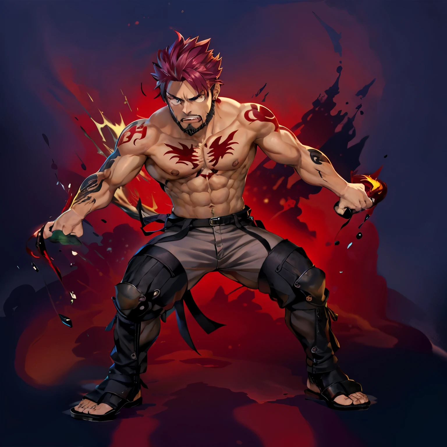 a close up of a cartoon of a man with a tattoo on his arm, Pai style, personagem de jogo de luta, arte do personagem o contra, como personagem em tekken, muscled humanoid balrog demon, Pai, Pai the grappler, demon male humano, Akira, Mitologia Chinesa, demon boxing hero, personagem estilo anime, demon male