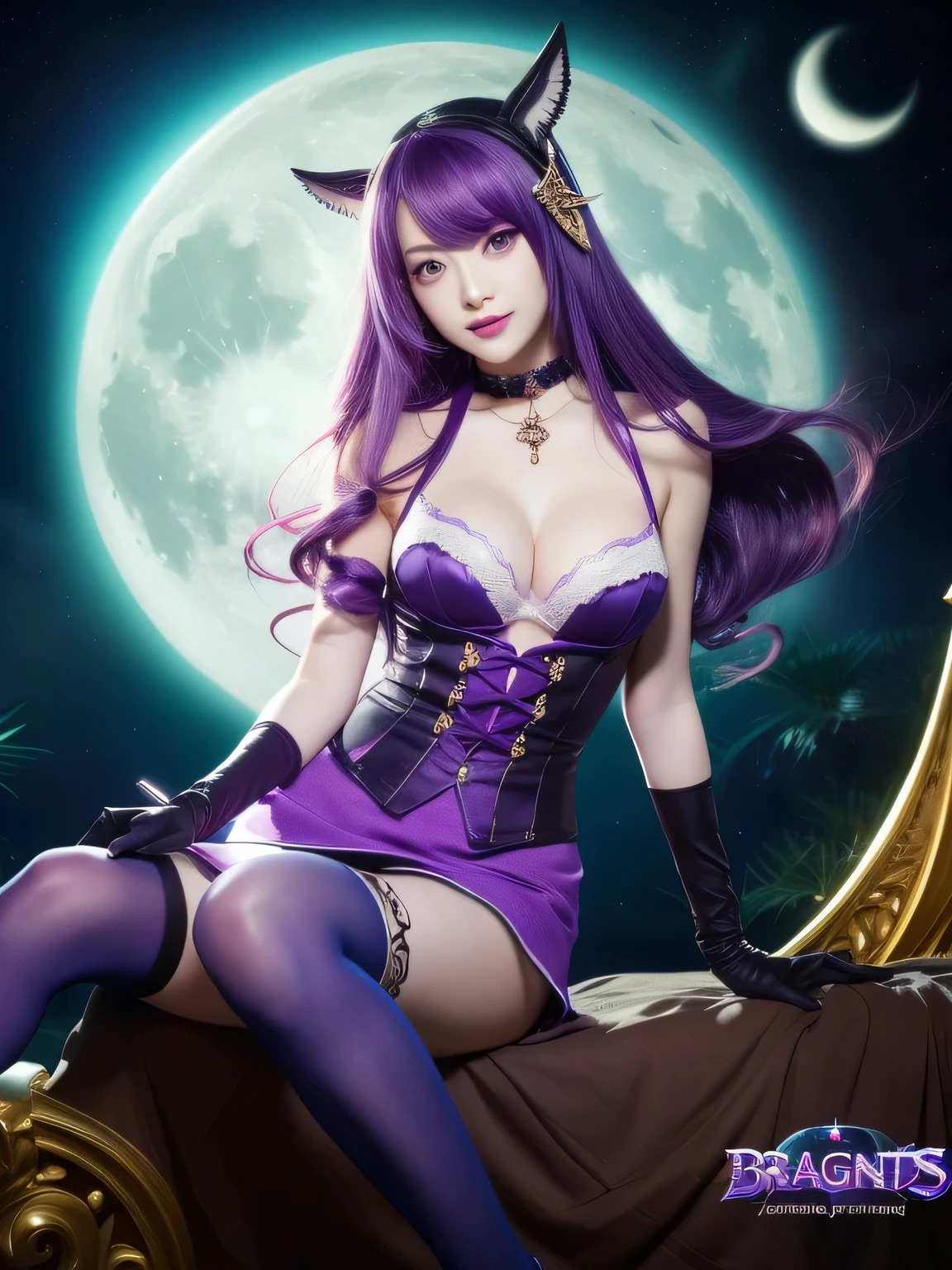 (独奏, 1girl), (short skirt), a handsome female, (pantyhouse: 1.2), (absurdress, ,hight resolution, official wallpaper, Poster), (Masterpiece, Best Quality:1.2), (illustartion, the anime), (perfect details, highest detail, extremely detail), Syndra, ( elbow gloves, \(League of Legends\), hair ornament, Syndra, Choker, Floating hair, mature female, big breastes), (See-through bra), (starry skye, full moon, night time, skye, Floating), (star-shaped pupils, purple hair, Long hair, ball, holding ball, , sitting)
