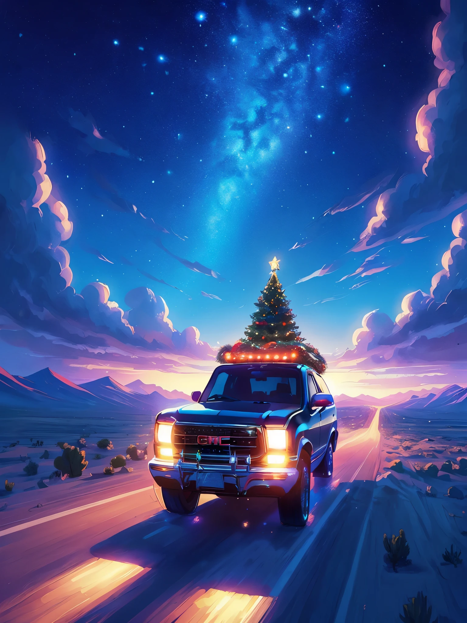 Draw an wide anime lofi scene of christmas ride, GMC syclone passing through desert with christmas lights on roof, blue hour, wide open starry sky, aesthetically beautiful, vibrant saturated colors, beautiful color palette, masterpiece, calm, peaceful, no human, cloudy sky
