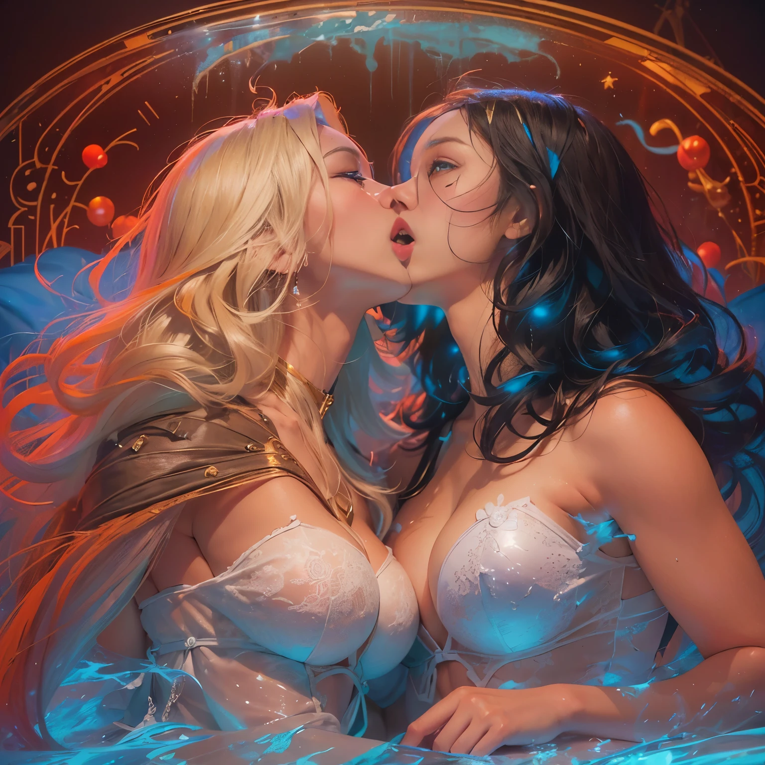 (((((Sensuality and Mystery: (two beautiful brunette and blonde women sweating, blue eyes and big breasts, full body, transparent clothes, view from the back, with a round ass, naked, They kiss passionately, kiss from tongue to tongue, they are lying on a big round bed, )(red silk bed slack)), ((blue neon nightclub lighting)), Nixeu and Sakimichan, Serafim Ahri KDA, lesbian kiss, inspired by Tim and Greg Hildebrandt, Nick Silva and Ilya Kuvshinov, inspired in Vincent Lefevre, Sakimichan and Frank Franzzeta, sensual 8K lighting), Post apocalyptic,), H. R. Giger style, Gothic Darkness, Infrared Unseen), High Contrast, Mystical), (depth), Hyperornate Details), Kinetic Lines and Curves, Devilcore, (1940s Propaganda Poster), Comic Book Superhero, (Medium shot), Scenery), Trending on artstation, Electromagnetic