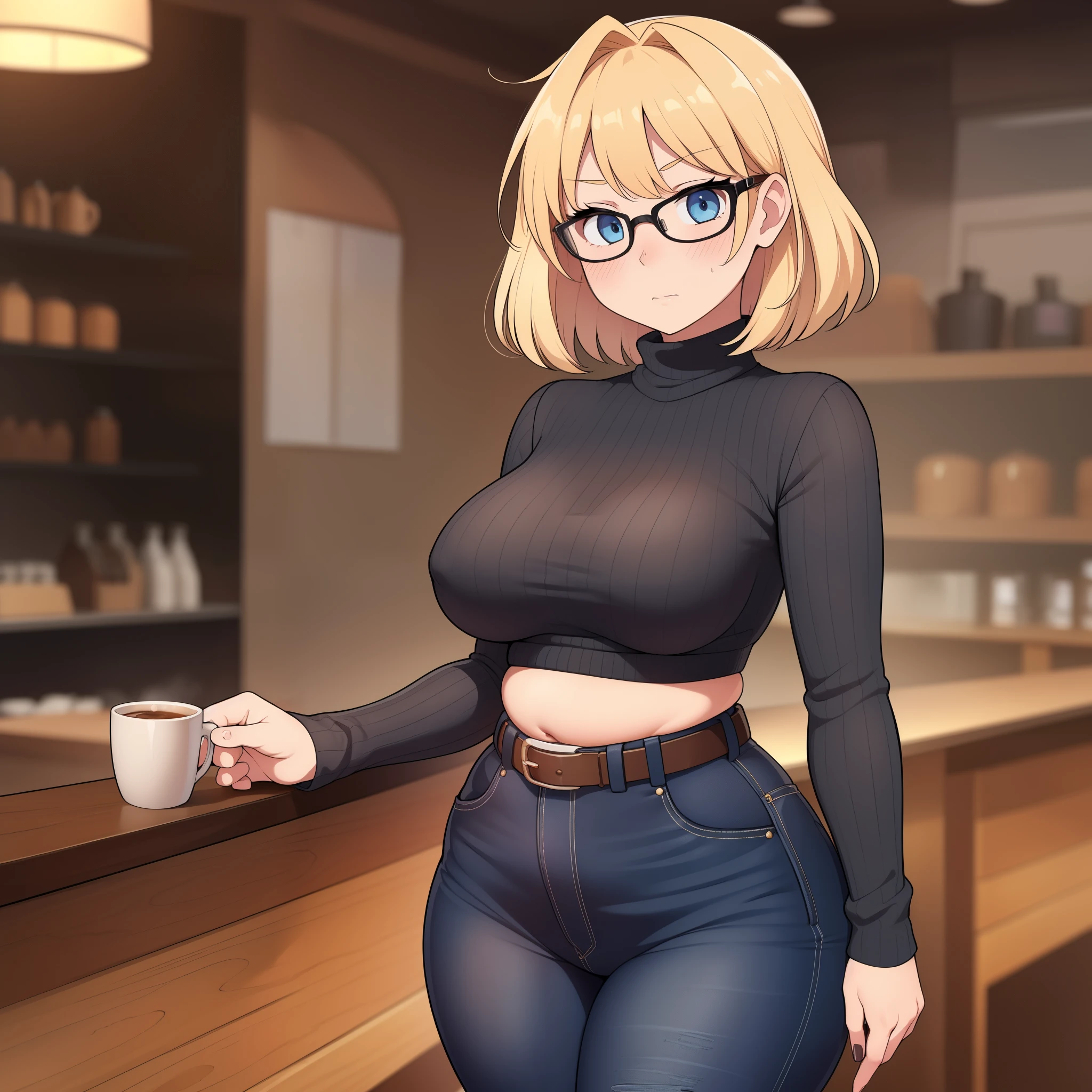 ((Masterpiece)), perfect anatomy, perfect shading, field of depth, (best quality), extremely delicate and beautiful, perfect lighting, detailed face, ultra cute face, cute, (cowboy shot 1.2), full body, (((1girl))), ((solo)), looking at viewer,
short hair, fluffy hair, blonde hair, blue eyes, Glasses, ((blush)), shy, nervous, (black turtleneck sweater 1.5), (jeans 1.2), belt, extremely tight clothes, medium breasts, ((wide hips)), ((thick thighs)), ((chubby)), belly bulge,
coffee shop, intricate background, detailed background, hand on hip,
