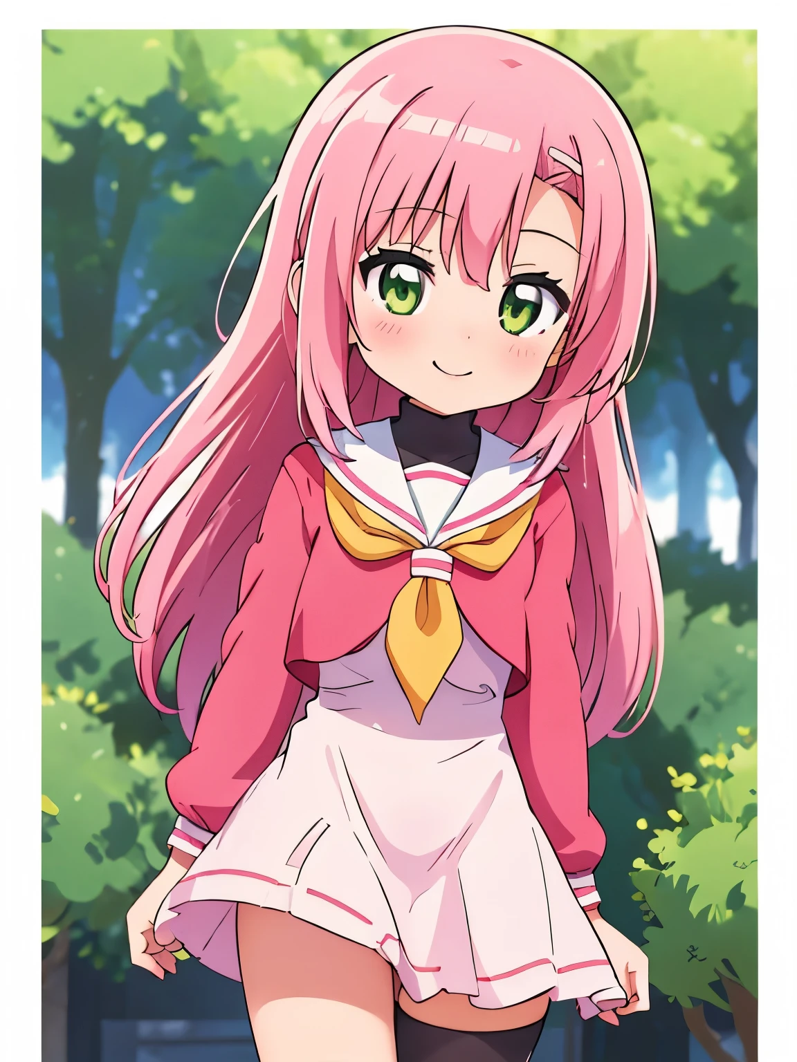 Cute s、Wearing school uniform、Her anime illustration face in soft color palette style、animated gif、Hand-drawn animation、charming sketches、Smooth and shiny background - AR 1:1 - Rainbow 5 - Expressive in style - S 50(Best Quality, masutepiece, Raw photo,Ultra-detailed:1.2),Pink hair,Green eyes,Top image quality,8k,A smile,straight haired, The head is near the center of the screen,frontage,a cute loli,from the front side,1 girl in,Wide Angle,Long hair,Blank white background,a miniskirt,Kamimei,View from above,The upper part of the body, Daytime park background
