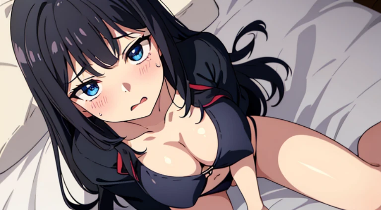 (tmasterpiece、quality、the detail、超高分辨率、Beautifully detailed lighting、Very beautiful girl、Long black hair,female high-school student、Clothed only in bikini、cleavage display、There's a big sausage in her cleavage,sweat profusely、1 girl in、eBlue eyes、Sleeping on the Bed、Red blush、embarrassed from、((horrified expression))、bareless、compulsive、Loved it very much、Sexual facial expressions seen from above、Perfectly trimmed fingers,don't have clothes,spread your legs,There is a lot of water in the bottom of the bikini,Roll your eyes upwards,Stick out your tongue