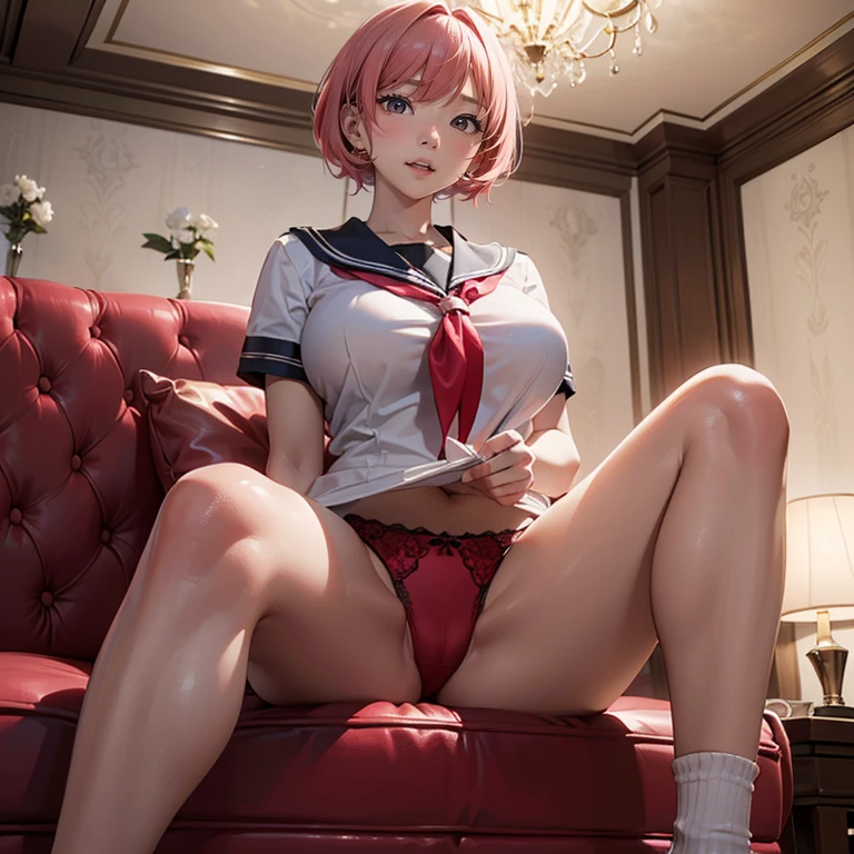 (top-quality,High resolution,(Ultra high definition,4K), (超A high resolution,in 8K),masutepiece:1.2), (Perfect Anatomy,Anatomically accurate), (Angle from below), (Soft lighting, rendered), ((cute mother and daughter)), ((Sitting on a sofa in the lobby of a luxury hotel,itting open legs)), ((Girls' High School Sailor Uniform)), (Red lace panties), (fascinated expression), (Crisp double eyelids), (Large breasts:1.3), (Soft skin), (Photorealistic), (Glowing skin), (pinkhair), (Pixie Cut)